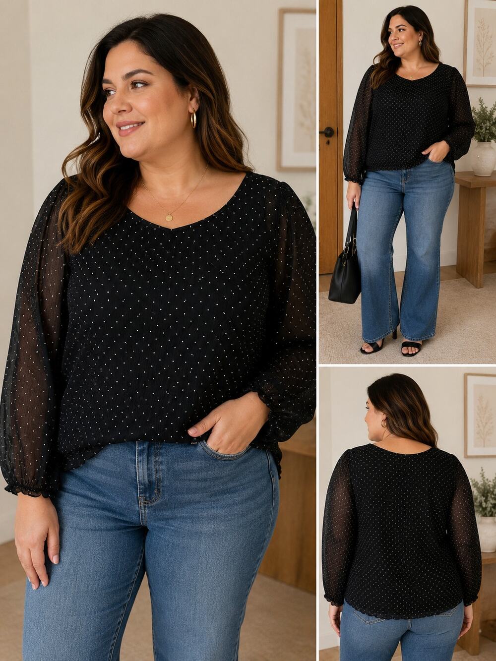 Who What Wear Black Polka Dot Sheer Sleeve Blouse XXL